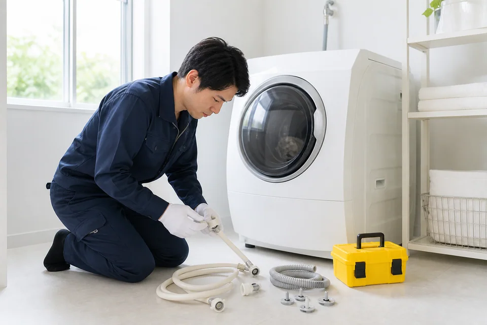 洗濯機の付属品を整備するスタッフ